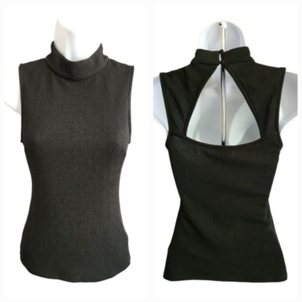 NEW Women's bebe Black Mock Neck Crepe Tank Cut Out Back Size Medium NWT